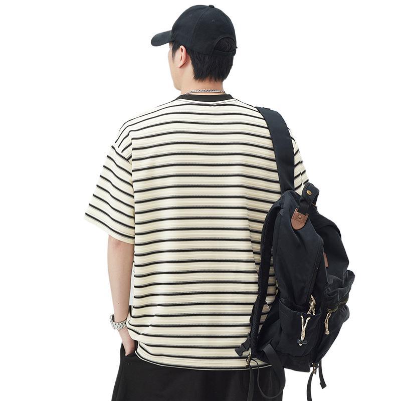 Striped T-shirt Mens Short-sleeved Summer Latest Round Neck Relaxed Fit Five-point Sleeve T-shirt Japanese Classic Style