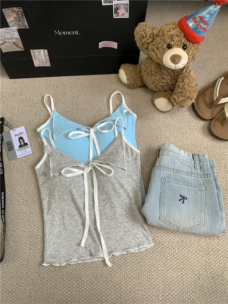 2024 Letní dámský sexy kontrastní top s mašlí a vycpávkami na prsou