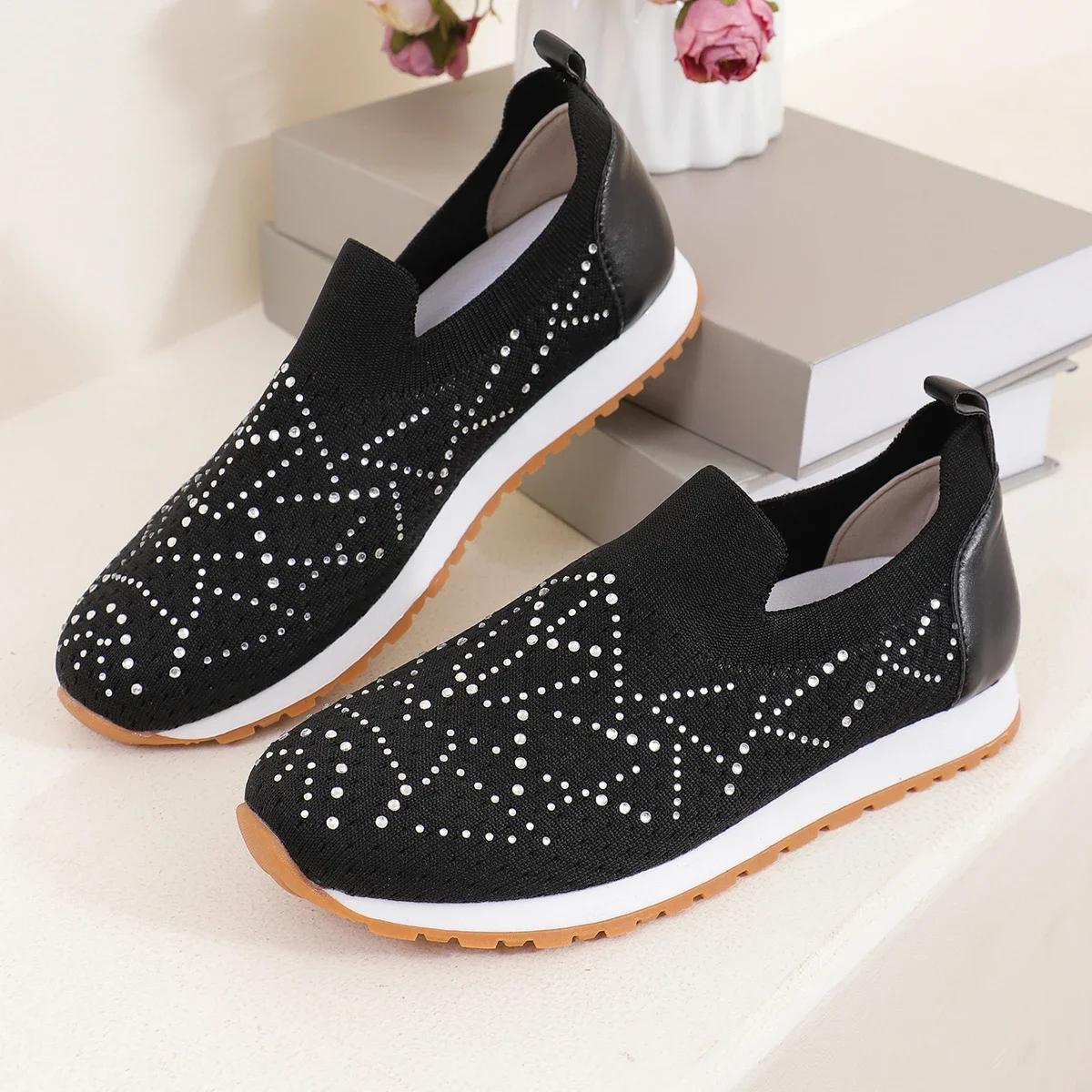 

Женские кроссовки на плоской подошве, модные блестящие кроссовки с кристаллами, повседневные кроссовки без шнуровки, летние женские вулканизированные туфли, Zapatillas Mujer 43 чёрный