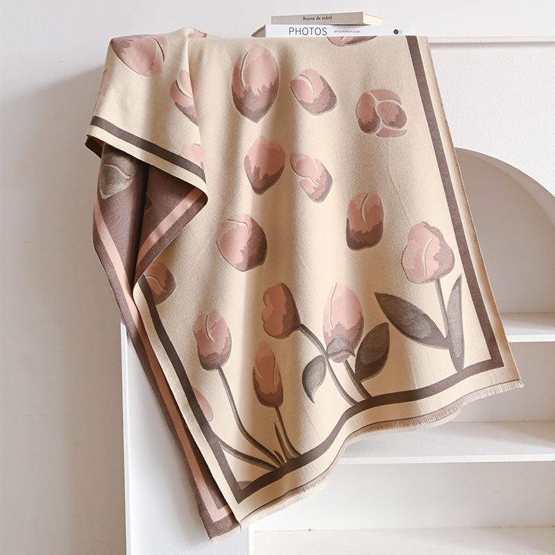 Tulip Printing Double-Sided Two-Color Women'S Imitation Cashmere Thermal Scarf Small Fragrance Air Conditioner Shawl