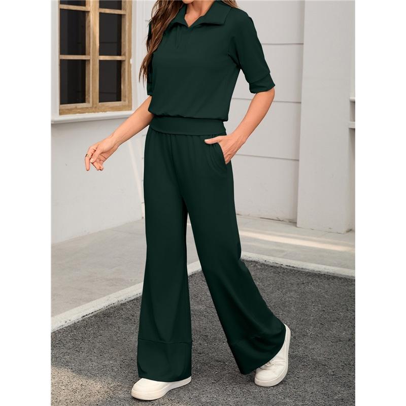 Women's 2Pcs Solid Color Casual Tracksuit Polo Neck Half Sleeve Top + Flare Pants Set