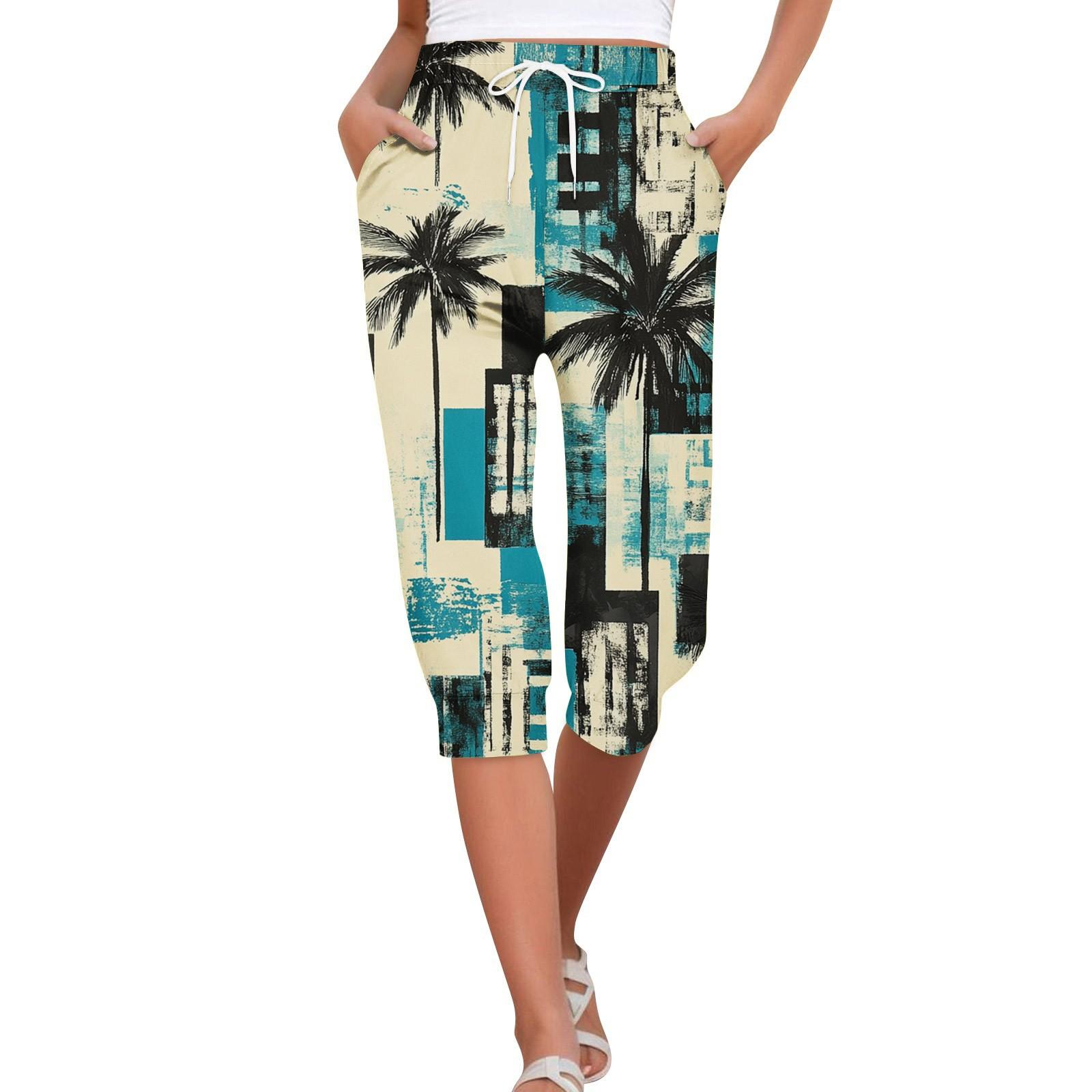 Women s Summer Hawaiian Print Casual Loose Cropped Pants with Pockets XL