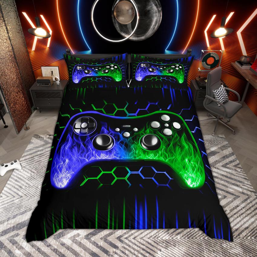 Homewish Pojkar Spelare Gaming Påslakan Set Neonlys Honungskaka Sängkläder Svart Vändbart Täckeöverdrag Set