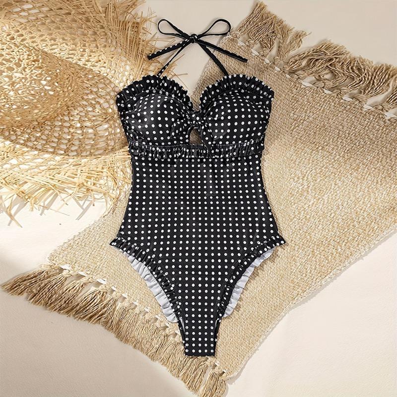 Europe and The United States 2026 New Fashion Personality Polka Dot Printing Neck Tether Design One-piece Women's Swimsuit