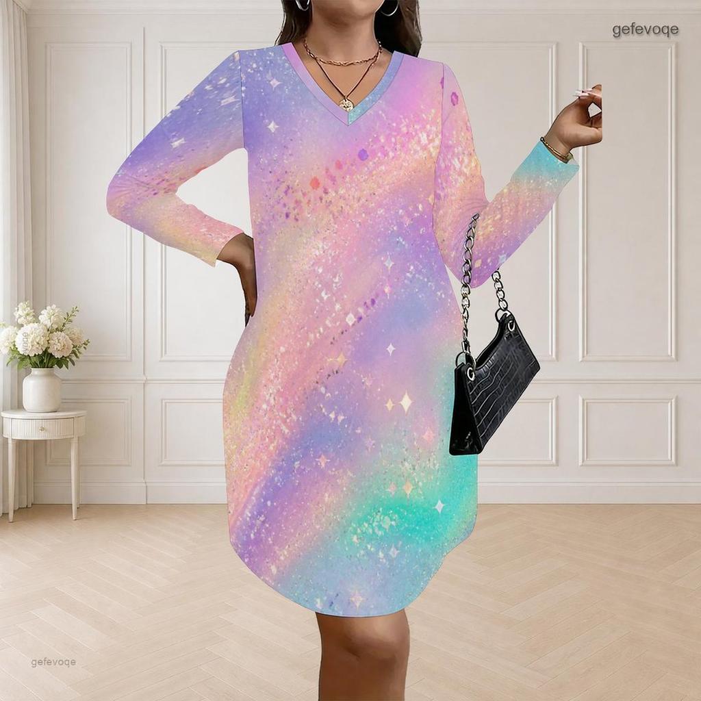 Women Plus Size V Neck Long Sleeve Printed Dress Loose Fit Curved Hem Black Blue Purple Green