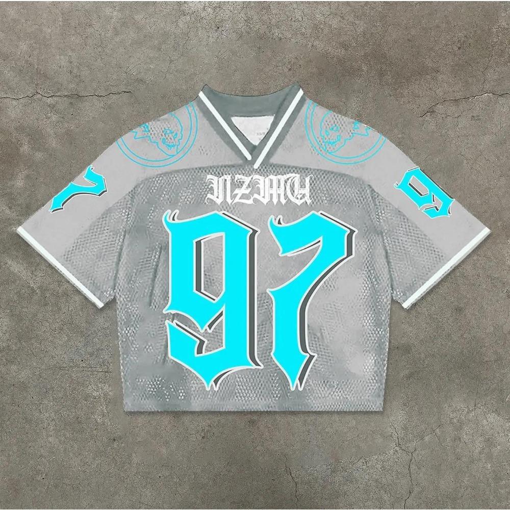 RogueWave Streetwear Jersey Y2K Clothing Mens Hip Hop Letter Graphics Oversized TShirt Punk Rock Breathable V Neck Short Sleeve Tops