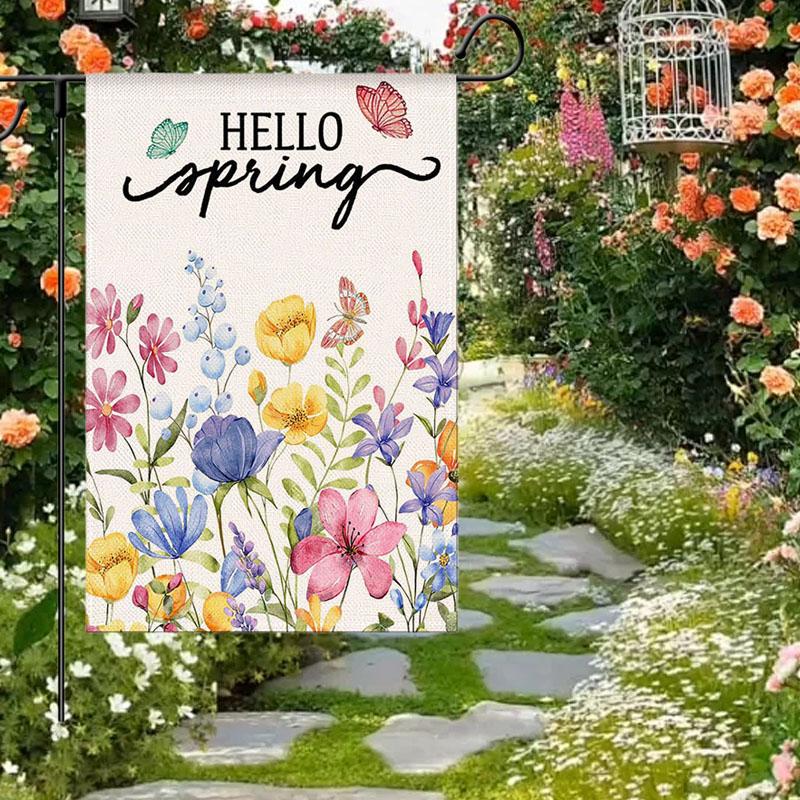 Floral Welcome Garden Flag Double Sided Spring Outdoor Decorative Linen Yard Banner with Letter Print for Porch and Patio