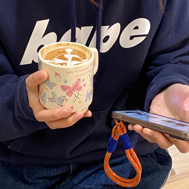 Homemade Atmosphere, Niche Childlike Fun, Spring And Summer Painted Lines, Butterfly Ceramic Cup, Coffee Cup, Water Cup 340M