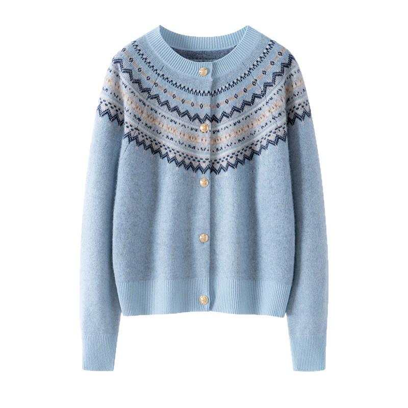 Cardigan Dama Etnic Fair Isle Floral din Cașmir - Pulover cu Tricotaj Larg și Gât Rotund