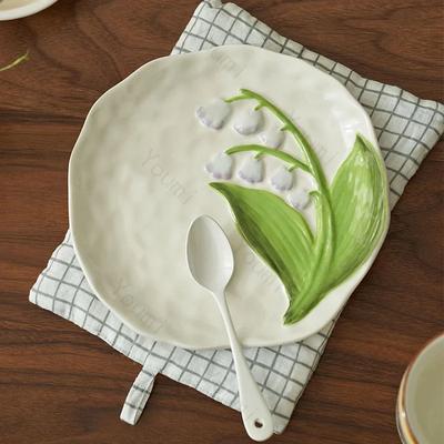 Relief Flower Ceramic Plate Coffee Shop Afternoon Tea Dessert Snack Plate Home Delicious Dish Dining Plates Exquisite Tableware