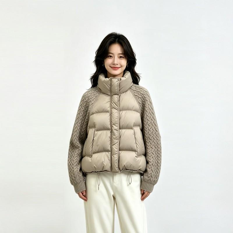Womens Short Stand Collar Knit Panel Puffer Jacket Winter Warm Loose Cotton Coat