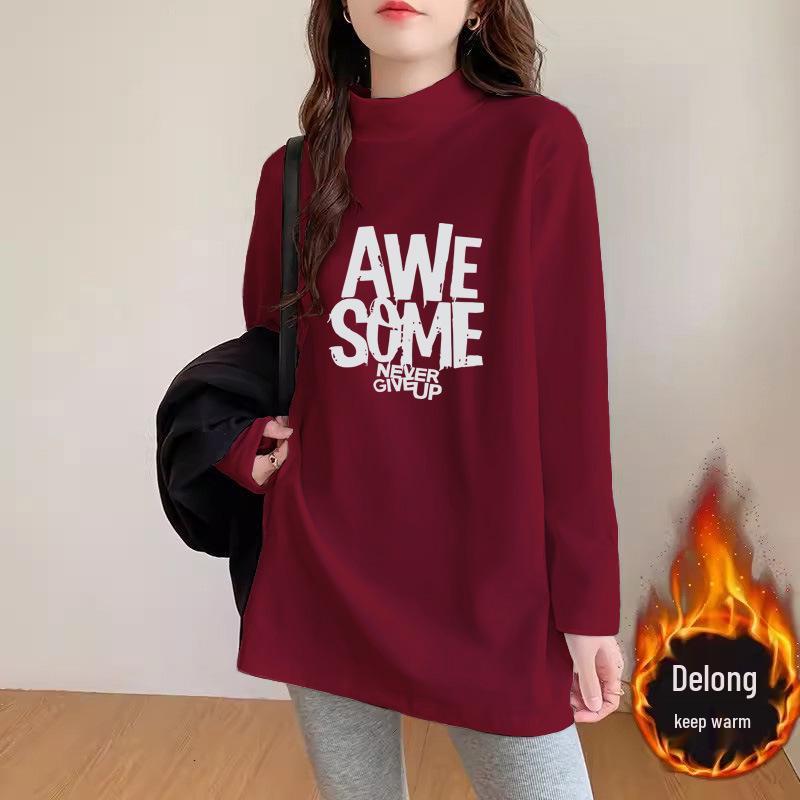Black Semi-High Neck Long-Sleeve T-Shirt: Women's Mid-Length Velvet Blend for Spring/Autumn 2025.