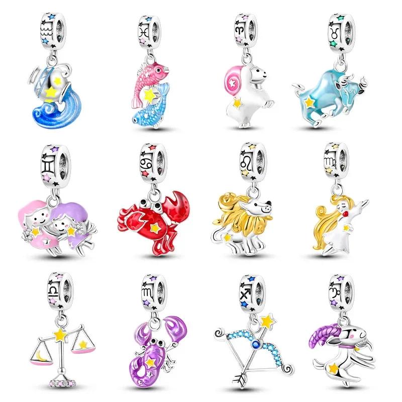 Original Copper Cute Aries Cartoon Constellation Red Cancer Luminous Pisces Charm Beads Fit Bracelet Girl Diy Gift Accessory
