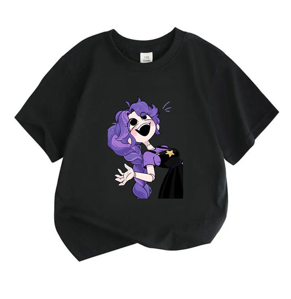 Kids Boys Girls 100% Cotton Short Sleeve Crew Neck T-Shirt, Cute Cartoon Purple Hair Robot Character Print Casual Soft Breathable Summer Tee for Child