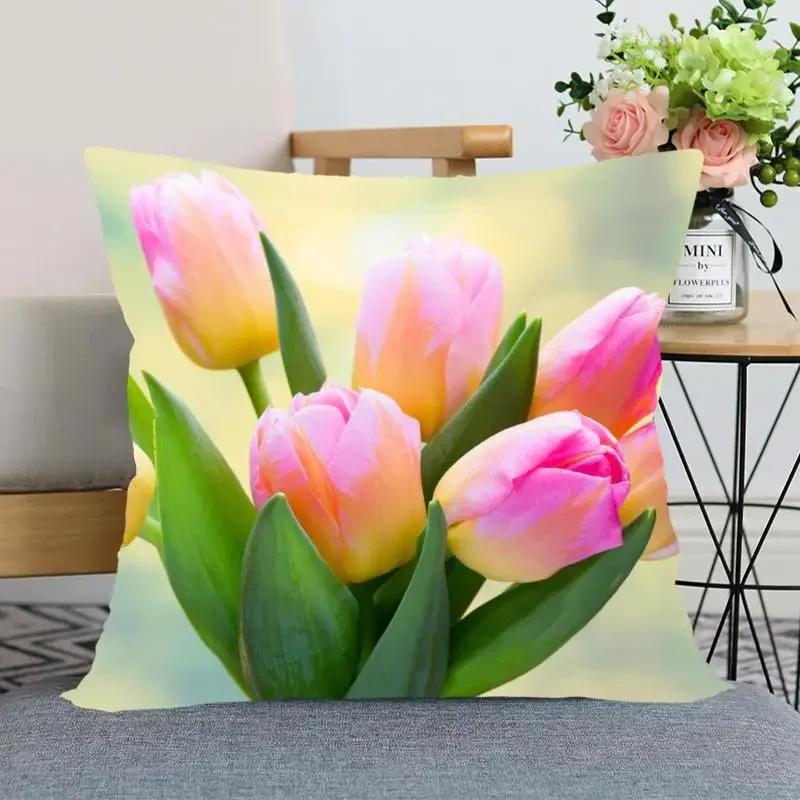 "Floral Tulip Pillowcase, Soft Cotton - Vibrant Flower Design for Spring Decor, Comfortable and Stylish, Perfect Gift for Home"