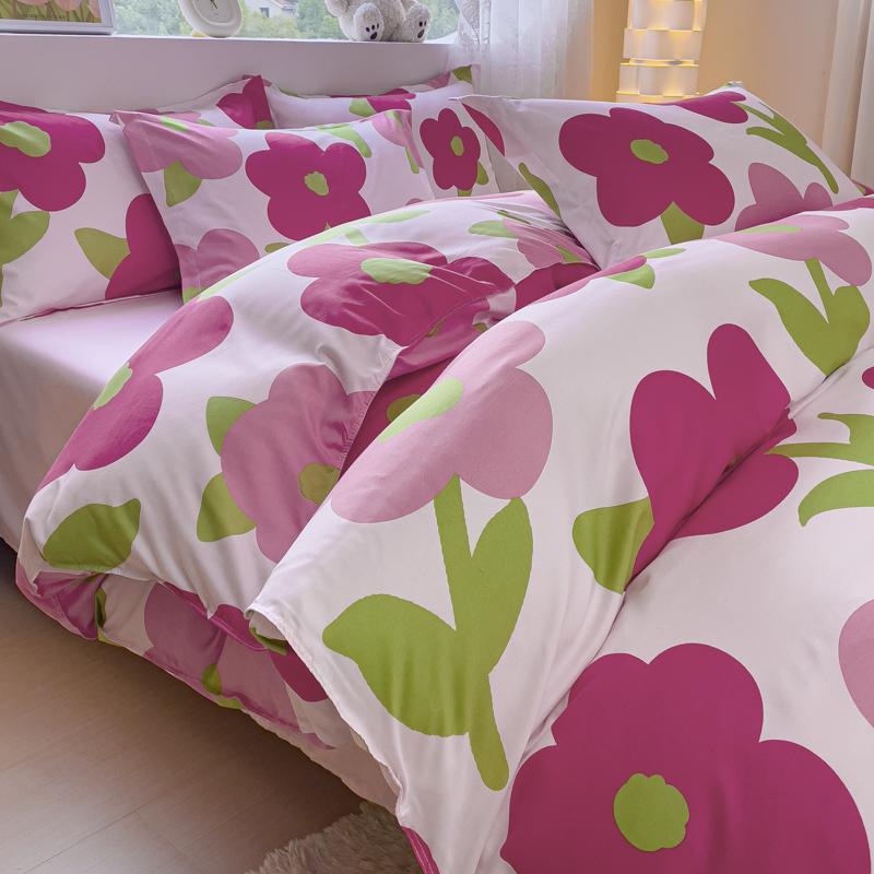 4pcs Cartoon Love Duvet Cover Set Simple Blue Plaid Bed Sheet Adults Kids Teenagers Bedding Comforter Cover with 2 Pillowcases