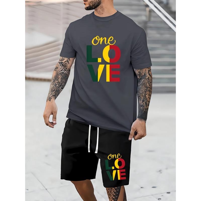 New Summer Daily Casual Men's T-shirt Outdoor Sports Men's Shorts One Love Monogram Printed Men's Short Sleeve Shorts Set
