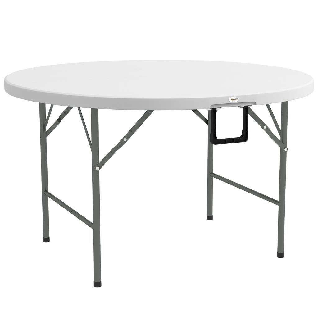 Folding Garden Table, diameter 122 cm Round HDPE Outdoor Picnic Table for 6, Metal Frame for Patio, Park, White