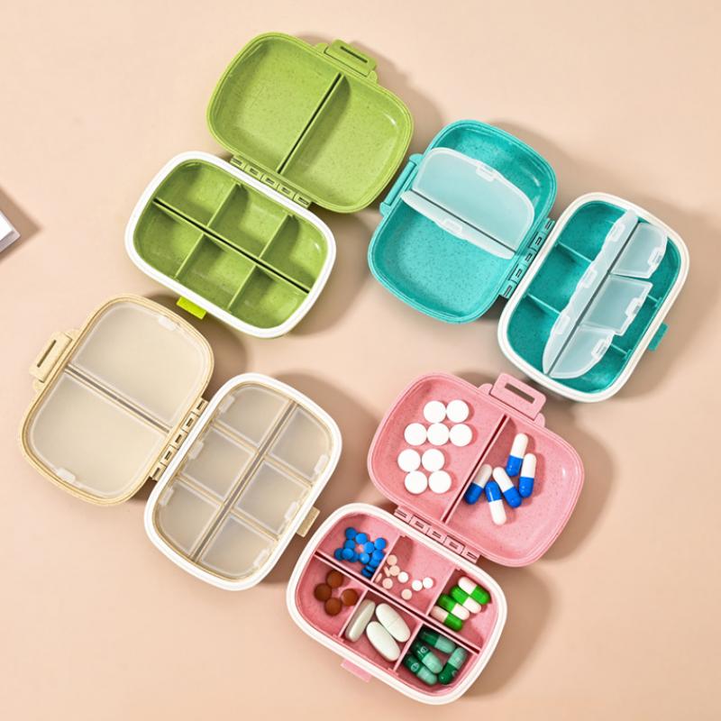 Mini Portable 8 Grids Pill Box Travel Medicine Organizer Container Wheat Sealed Tablets Storage Dispenser Box for Medicines