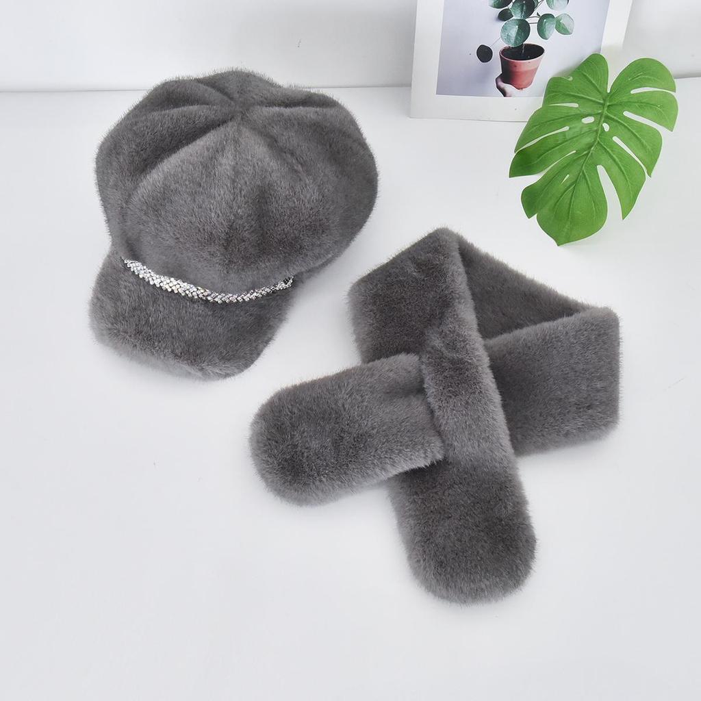 Luxury Faux Mink Fur Beret with Visor for Women, Winter Hat&Scarf Set,Outdoor Peaked Beret with Rhinestone Embellishment