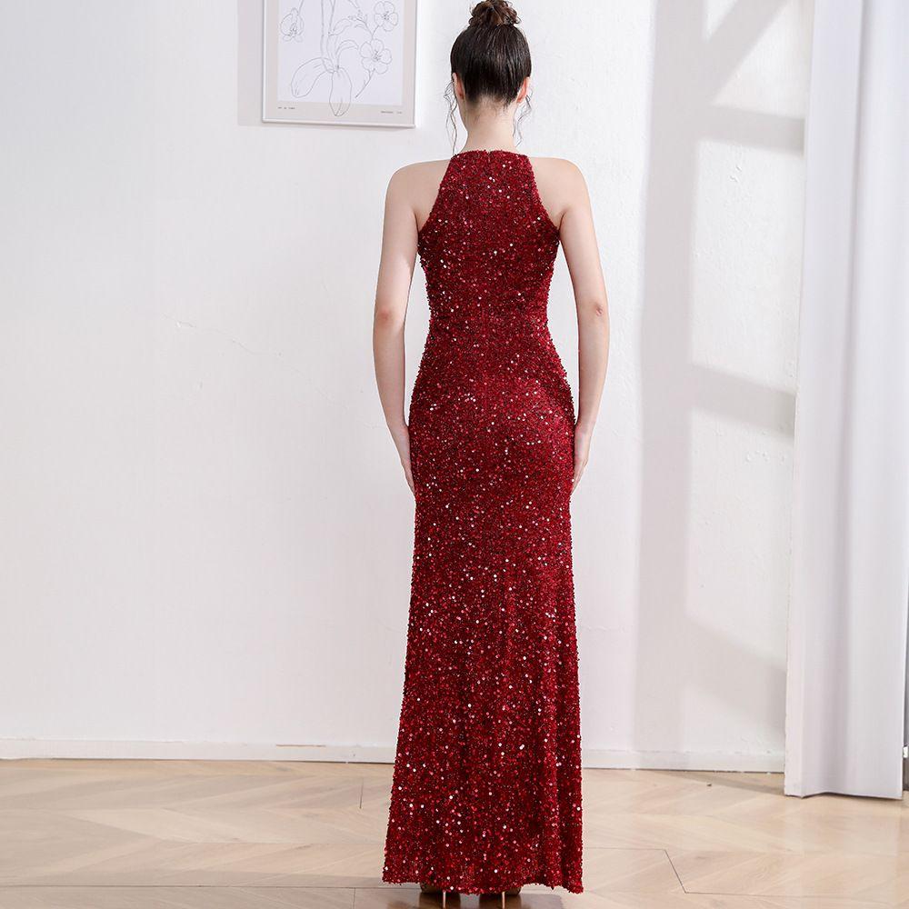 Sequin Slim Fit Evening Dress - Sparkly Long Sleeveless Gown for Banquet & Party, Sexy Bodycon Performance Dress with Slit