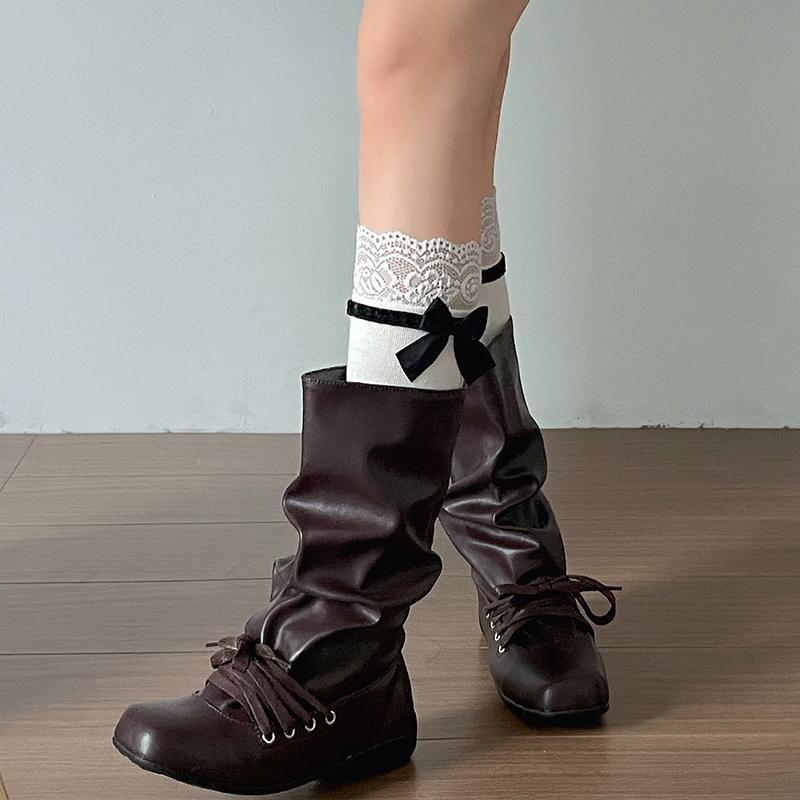 Vintage Flats Women Western Cowboy Boots Fashion Ladies Square Toe Pleated Knight Mid Calf Booties