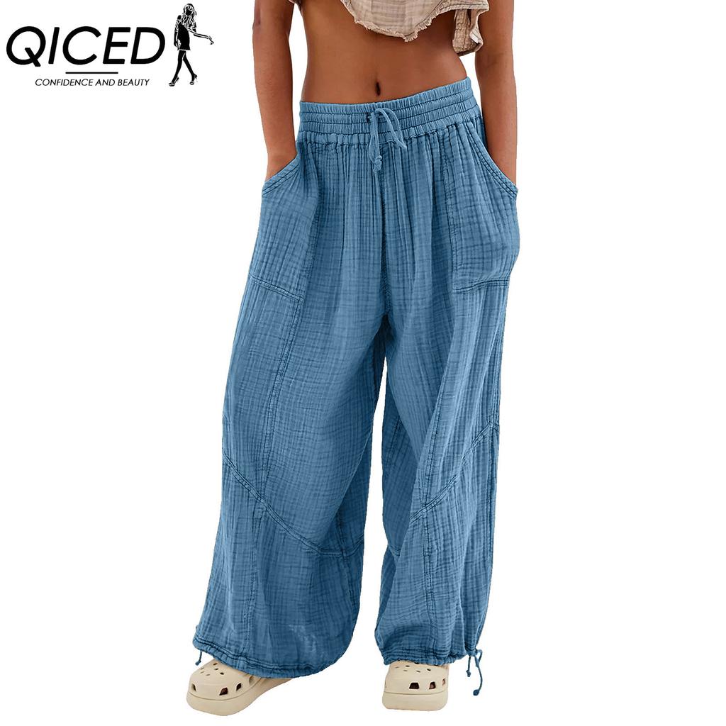 QICED 8 Color Women High Elastic Waist Trousers Wide Leg Loose Pants Deep Vest Pleated Ankle Pockets Solid Color Soft Ladies Casual Pants