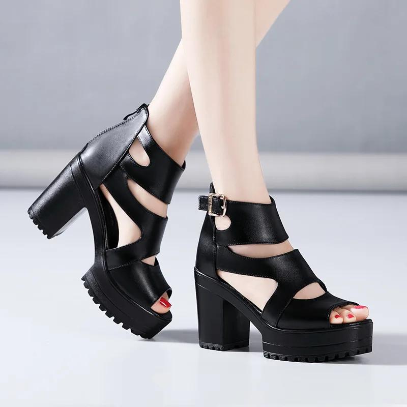 Small Size 32-43 Elegant Chunky Platform Shoes Women Summer 2025 Black Leather Block High Heels Gladiator Sandals Office Mother