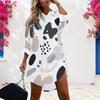 Damen Plus Size Weiß Abstrakt Bedrucktes Hemdblusenkleid Mit Kragen Langarm Knopfleiste Vorne Abgerundeter Saum