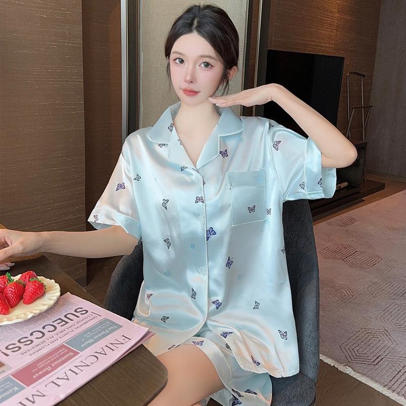 Summer Fresh High-End Lapel Short-Sleeved Imitation Silk Pajamas Women'S Butterfly Printing Can Be Worn Outside Loungewear