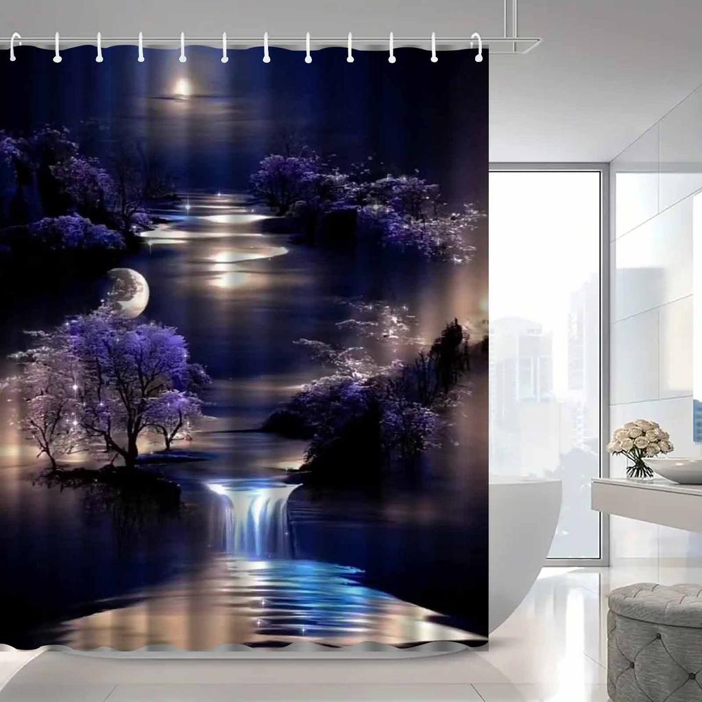 Moonlight River Shower Curtain Night Landscape Waterfall Cherry Blossom Decor Elegant Bathroom Art Waterproof Bath Curtain Set