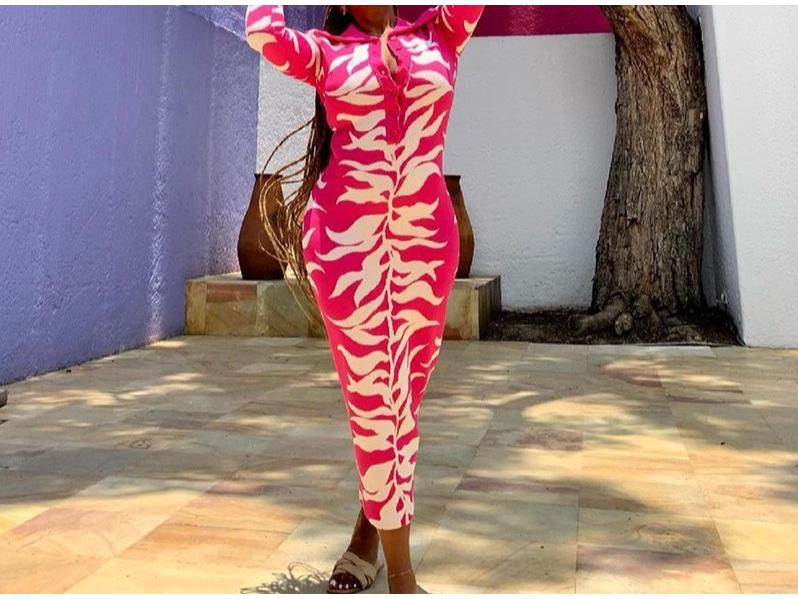 2025 Autumn/Winter Women's Bodycon Lapel Button-Down Printed Long Dress