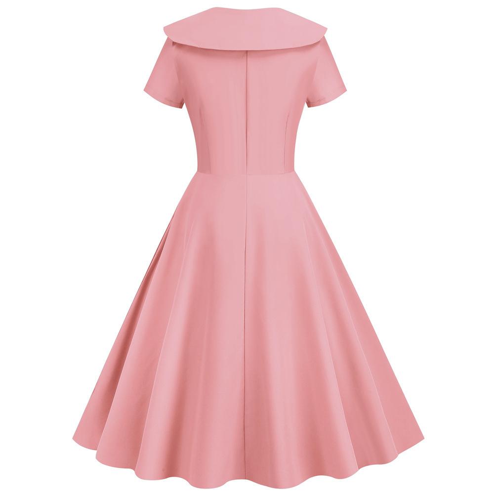 Retro Women Dress Turn-down Collar Shortn Sleeves A-line Big Swing Buttons Slim Fit Solid Color 50s Ball Prom Midi Dress