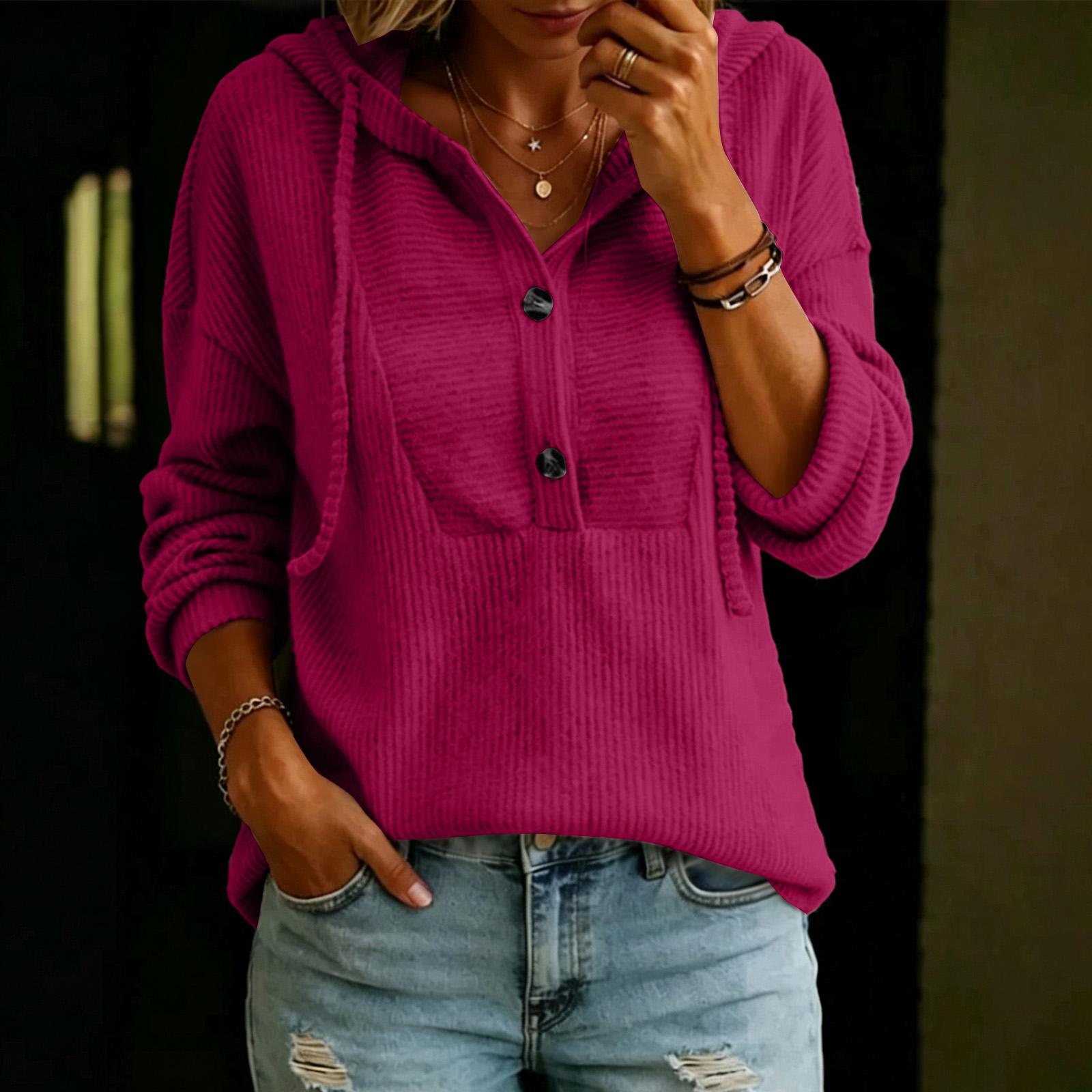 Women s Color V-Neck Long Sleeve Hooded Button Front Casual Top M