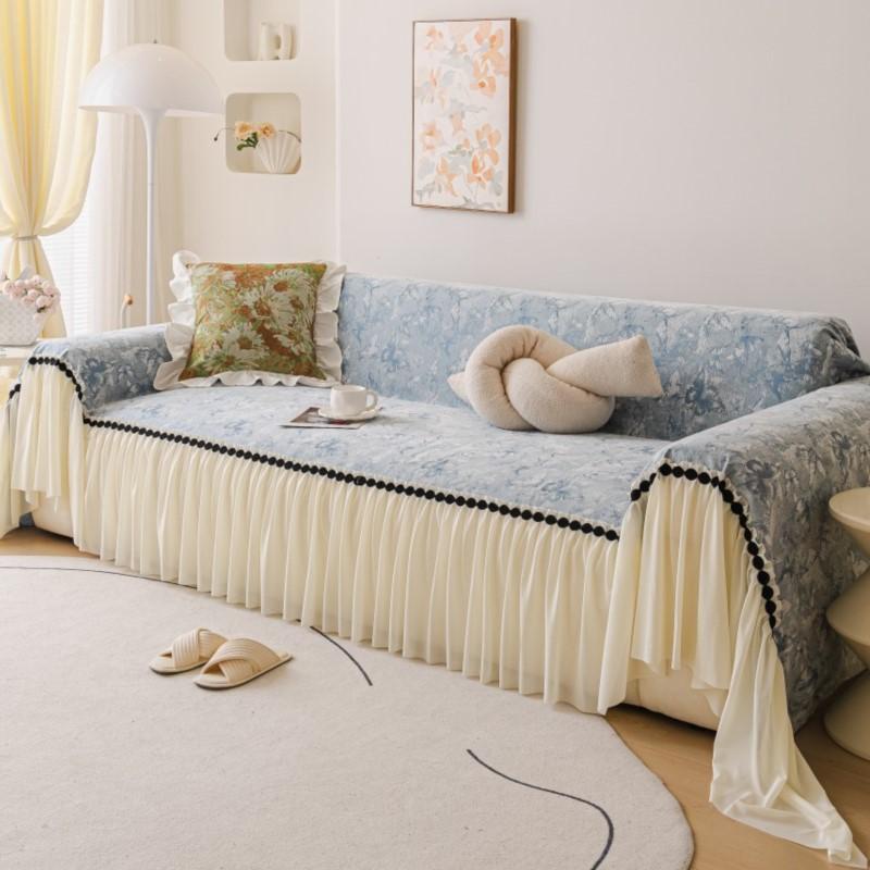 Fall One-size Chenille Loveseat Slipcover European Ruffled Edge Creamy Mats Wind Blossom Decorative Anti-Slip Patchwork Sofa Pad