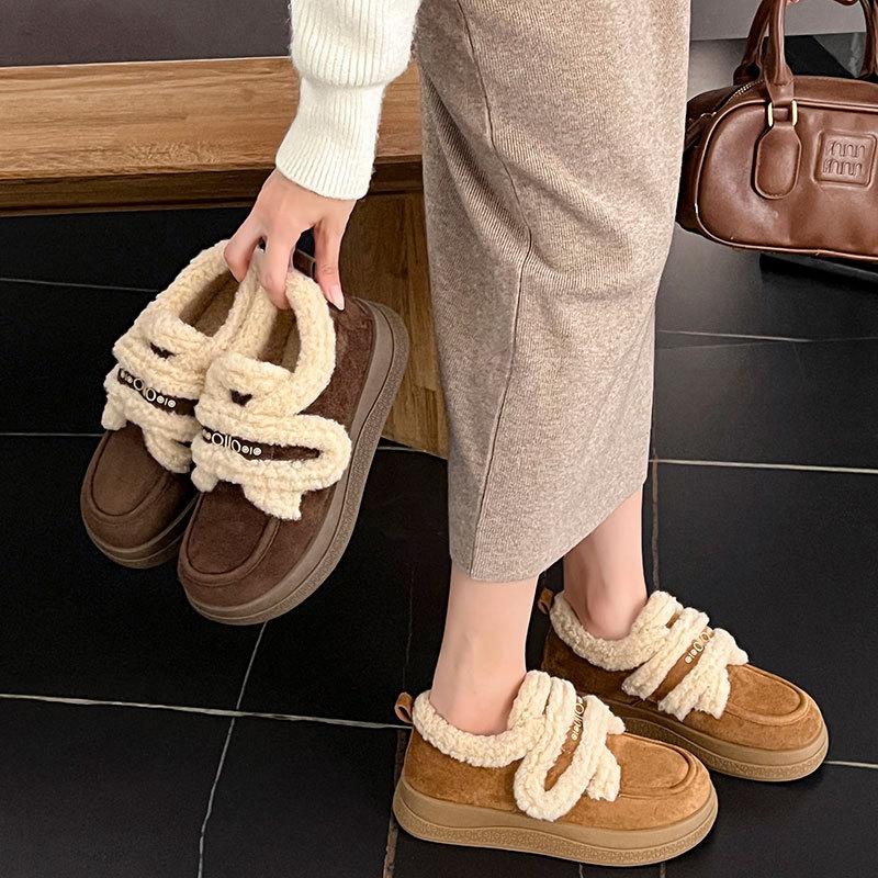 Fleece women's new winter leather platform snow boots, wear non-slip and warm fluffy cotton shoes