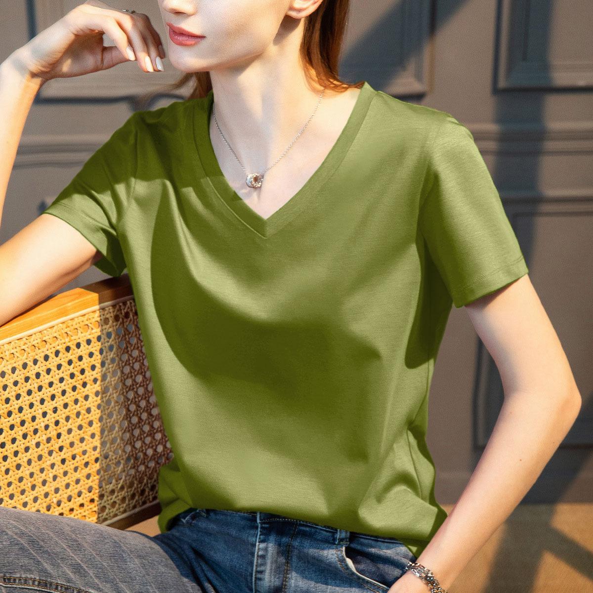 

High-count mulberry silk mercerized cotton women s loose women s clothing round neck slim-fitting short-sleeved white top women M