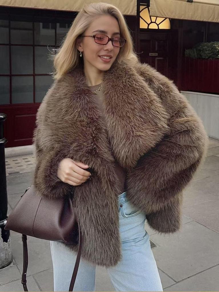 Women's Cross-Border Faux Fox Fur Coat - Plush, Regular Style