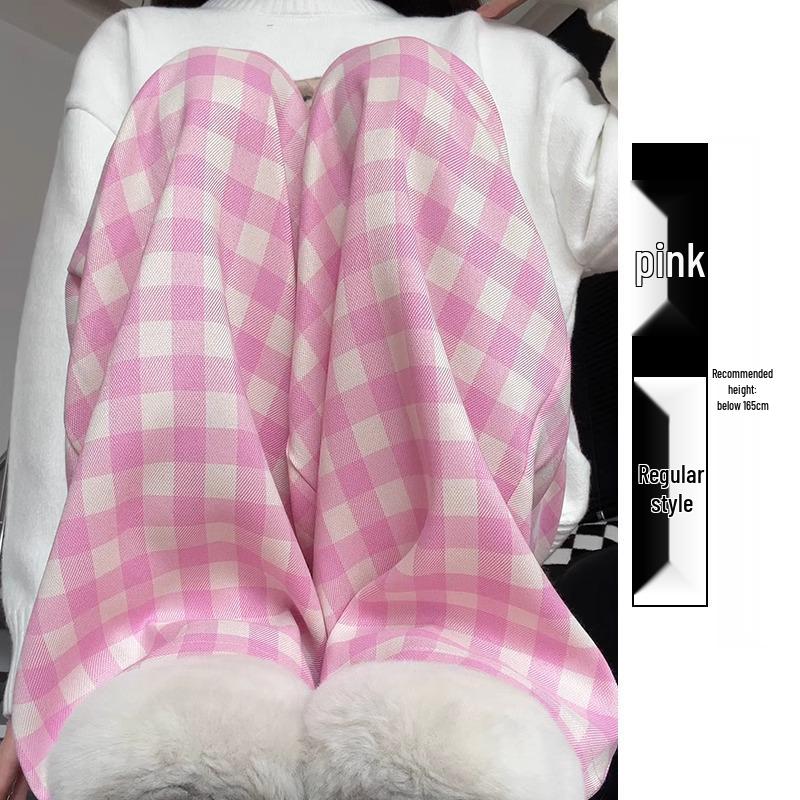 

Женские розовые клетчатые свободные брюки прямого кроя с высокой посадкой и широкими штанинами - Весна/Осень 2025 Extra Large