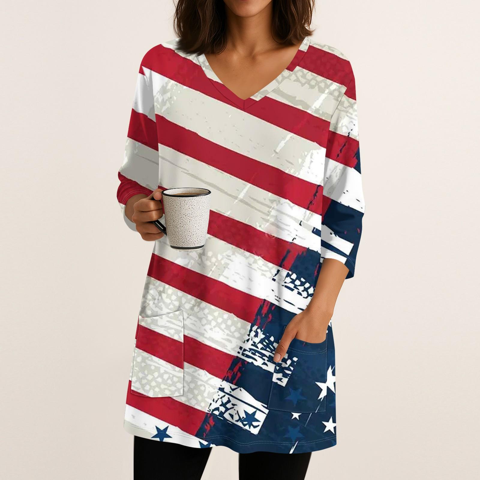 

Womens Tops V-neck 3/4 Sleeve Blouses Casual Mid-length Shirts Fashion Print Tunic Tops With Pockets XXL