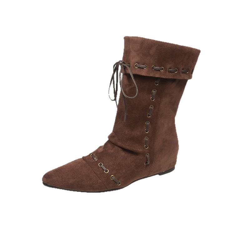 Folded Pointed Short Boots Women's Flat Bottom Straps 2025 Summer and Autumn New Retro Niche Maillard Western Pile Boots