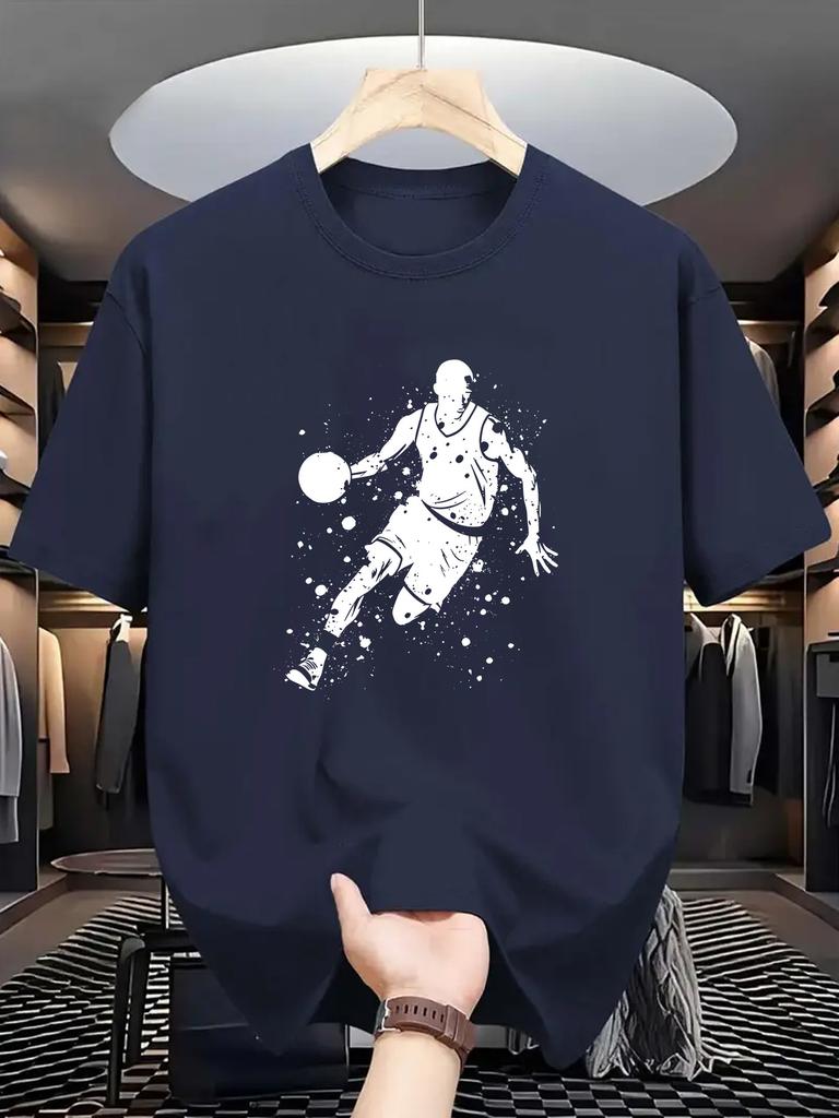 Geometric Pattern Men's Basketball Print T-Shirt - Knit Fabric, Comfortable Athletic Streetwear Top for Outdoor Summer Wear