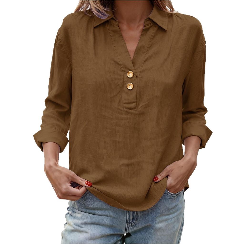 Women's Seven-Sleeve Cotton Linen Lapel Shirt - Solid Color, Casual, Breathable