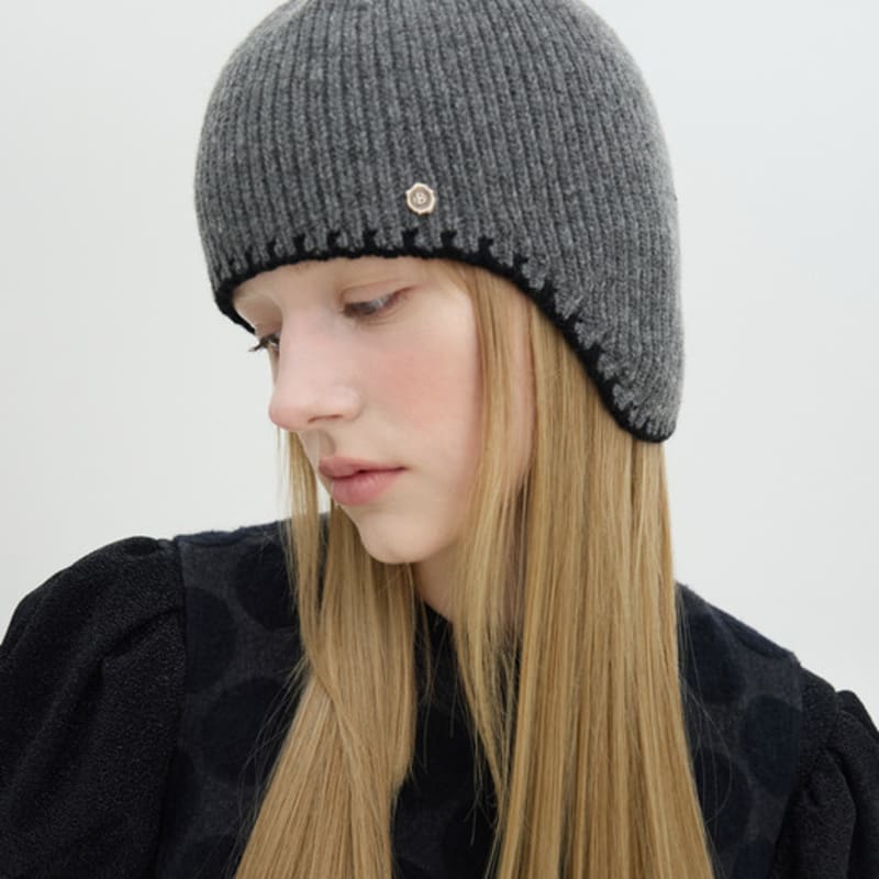 Brown Hat Stitch Point Ear Flap Beanie - Grey