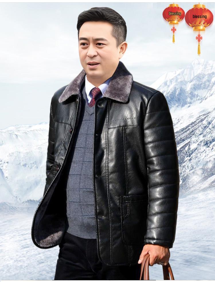 50-Year-Old Dad's Plus Velvet Thickened Leather Jacket for Middle-Aged & Elderly Men - Winter Cotton Padded Grandpa Jacket