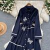Elegant Butterfly Embroidered Polo-neck Vintage Long Sleeves Single Breasted Slim A-line Long Dress French High Street Clothing