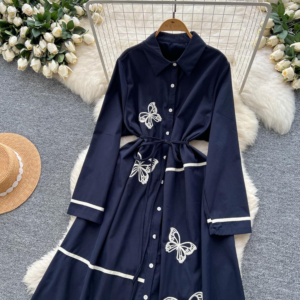 Elegant Butterfly Embroidered Polo-neck Vintage Long Sleeves Single Breasted Slim A-line Long Dress French High Street Clothing