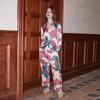 Womens Lightweight Silk-Like Pajama Set Long Sleeve Floral Print Sleepwear Comfortable Home Loungewear