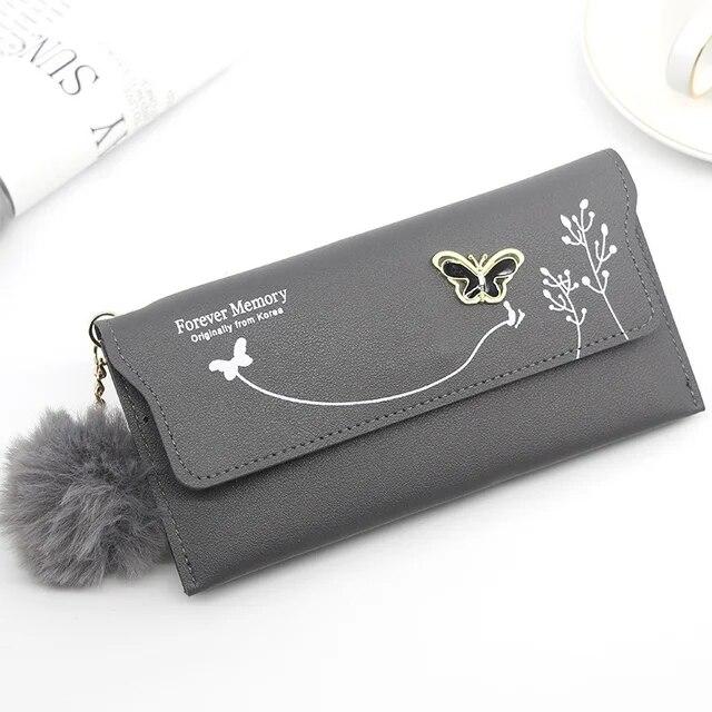 Butterfly Designer Women Long Wallets PU Leather Money Bag Solid Wool Ball Bow Clutch Bag Large Capacity Card Bag Coin Purse