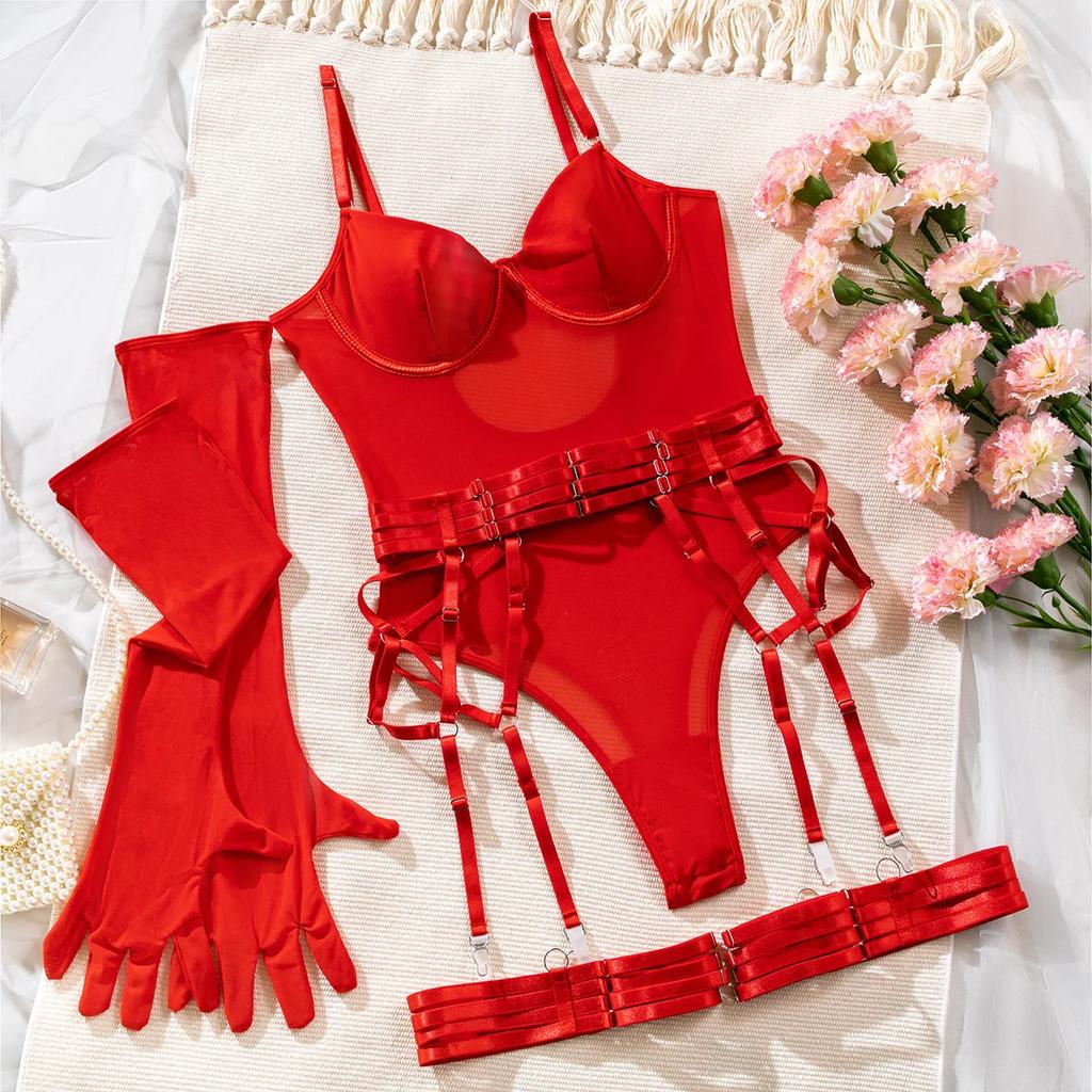 Sexy Sensual Lingerie Sets For Women See Through Mesh Lace Tight Bodysuit With Gloves Garter Exquisite Underwear Erotic Costumes